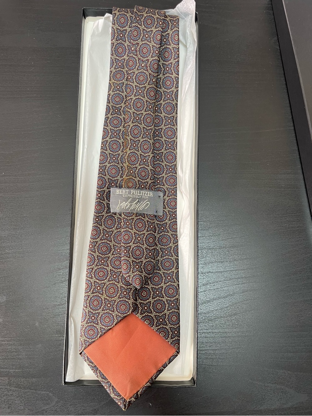 VTG Bert Pulitzer Silk Tie Medallion Geometric Foulard Orange Blue Old Money Ivy